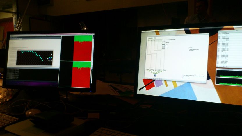 Two screens next to each other, with visualisations of the intended effect as well as the code
